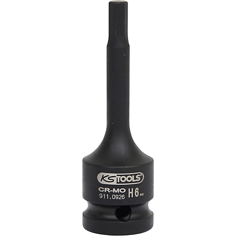 Schwarzer Sechskant-Bit-Adapter mit silbernem Schriftzug von KS Tools. Aufgedruckte Informationen: CR-MO H6, 911.0926.